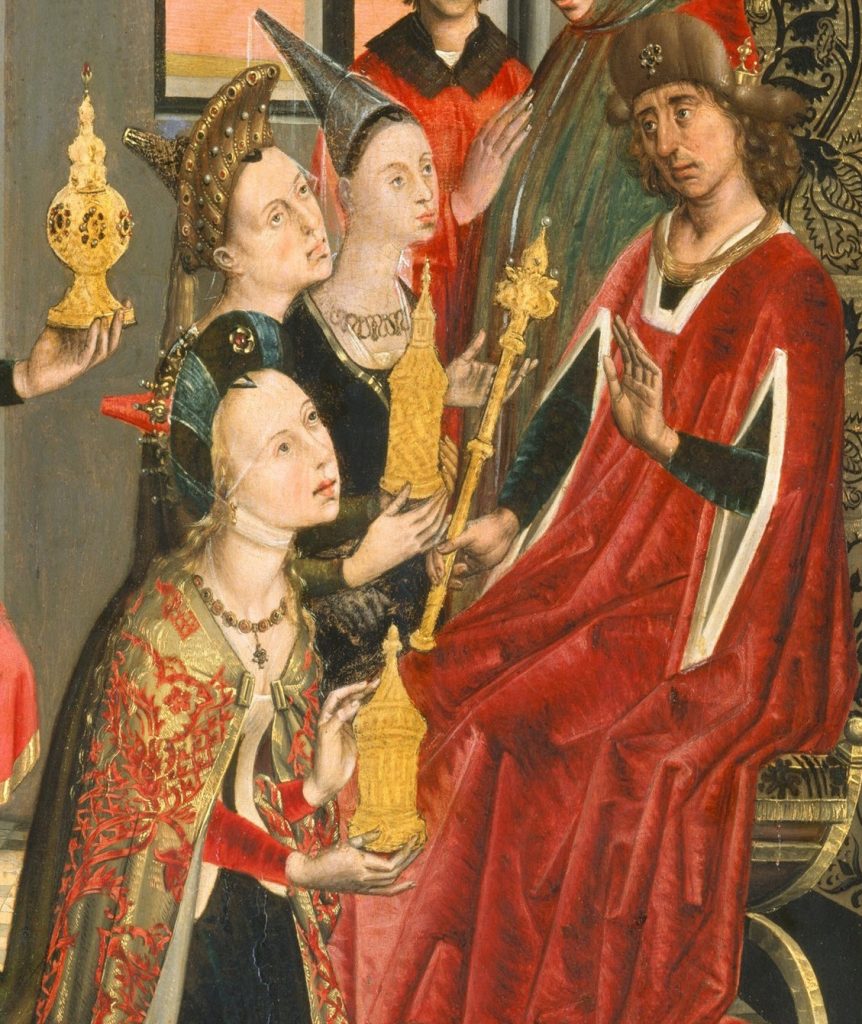 The Queen of Sheba Bringing Gifts to Solomon (trimmed) [ca. 1480 Master of the Saint Barbara Legend]Courtesy THE MET