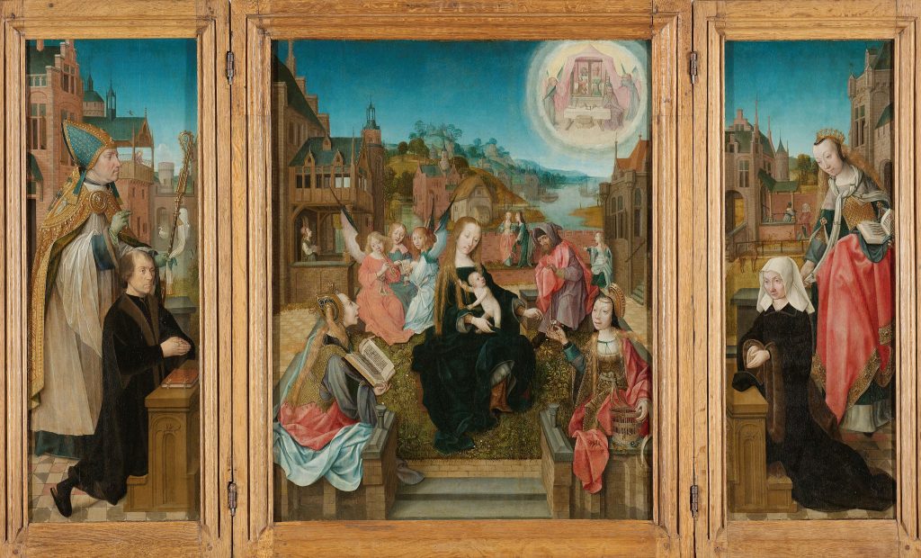 Triptych with Virgin and Child with Saints(center), male Donor with Saint Martin (left), female Donor with Saint Cunera (right)[Master of Delft, c1500-1510] Courtesy Rijksｍuseum