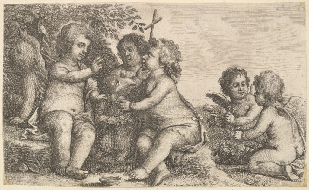 Jesus, St. John the Baptist and four cherubs[1646Wenceslaus Hollar Bohemian](DP822970)Courtesy THE MET