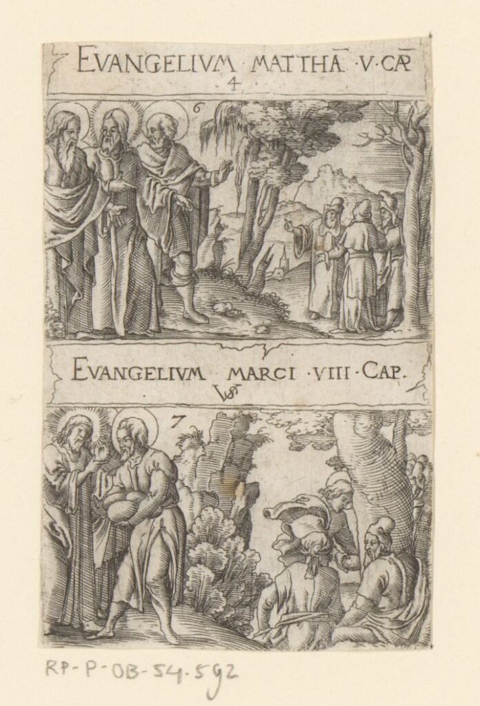 Bergrede en vermenigvuldiging van de broden en de vissen, Virgilius Solis, 1524 - 1562(RP-P-OB-54.592)Courtesy Rijksmuseum