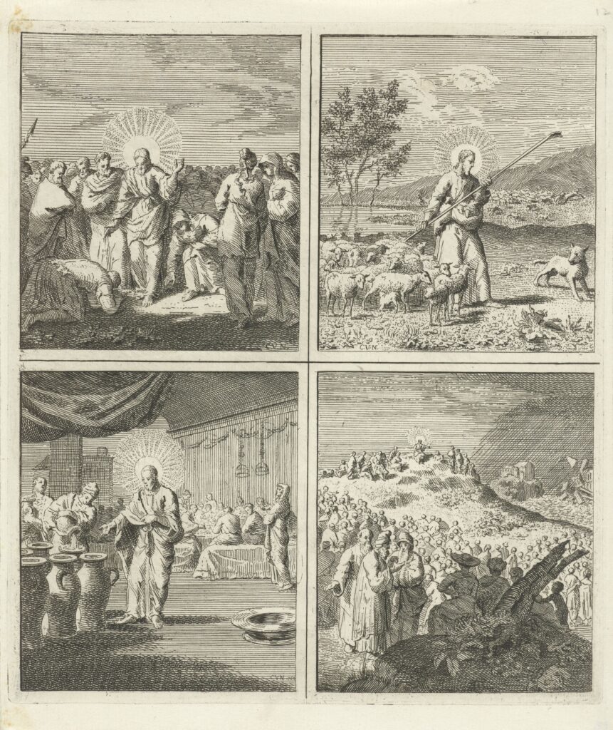 Jaïrus knielt voor Christus Christus als de goede herder Bruiloft te Kana Bergrede, Cornelis van Noorde, in or before 1767(RP-P-OB-24.134)Courtesy Rijksmuseum