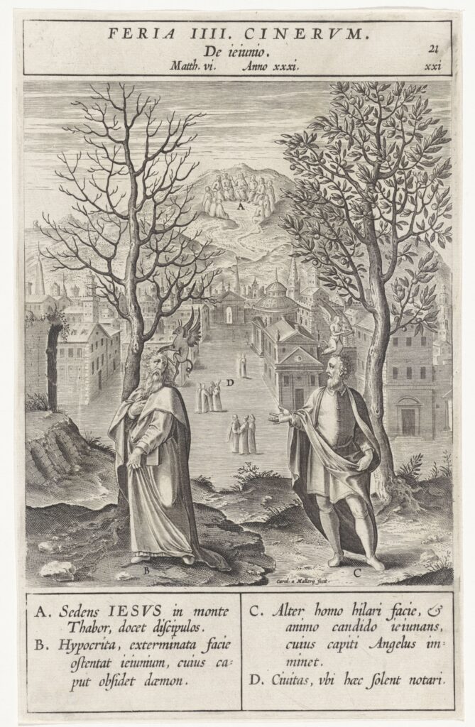 Een huichelaar en een gelovige tijdens het vasten, Wierix (rejected attribution), after Bernardino Passeri, 1593(RP-P-OB-67.151)Courtesy Rijksmuseum