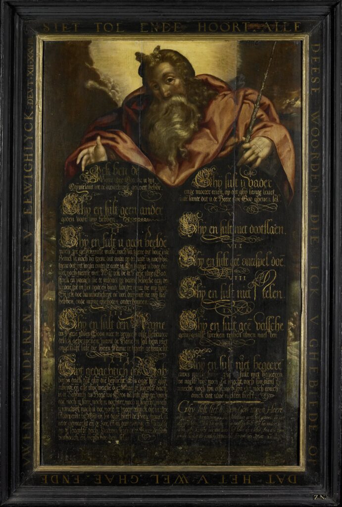 Moses showing the Tables of the Law with the Ten Commandments in Calligraphy, anonymous, c. 1600(SK-A-4487)Courtesy Rijksmuseum