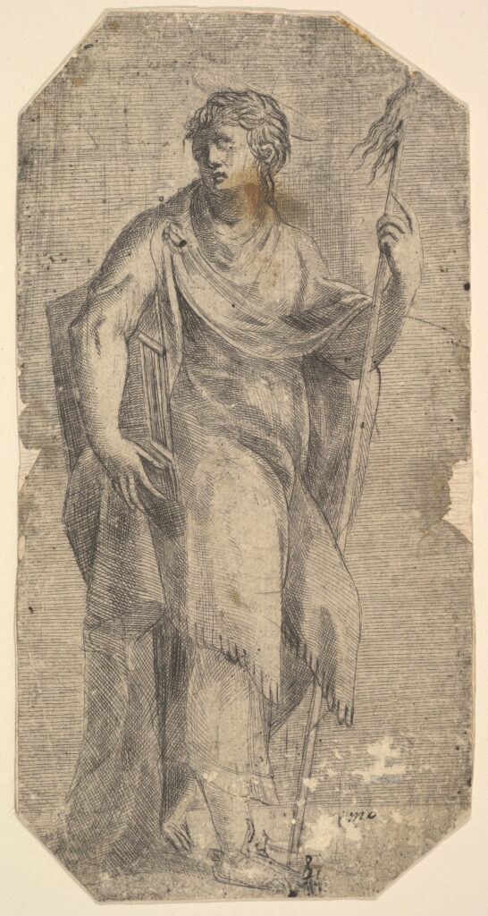 Saint Matthew holding a staff and a book, turning to the left,ca. 1540–50,Andrea Schiavone (Andrea Meldola) Italian(DP825245)Courtesy THE MET