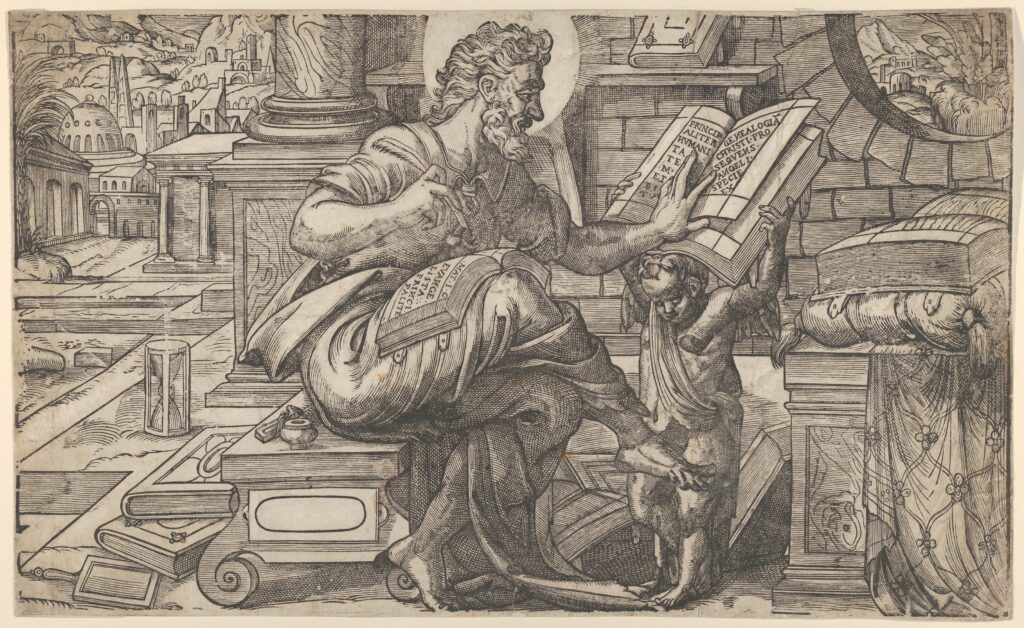 Saint Matthew seated and reading from a book held by a putto,set within a fanciful architectural backdrop,from a series of woodcuts of the Four Evangelists,copy after Rue Montorgueil woodcut,1565–75(DP835943)Courtesy MET