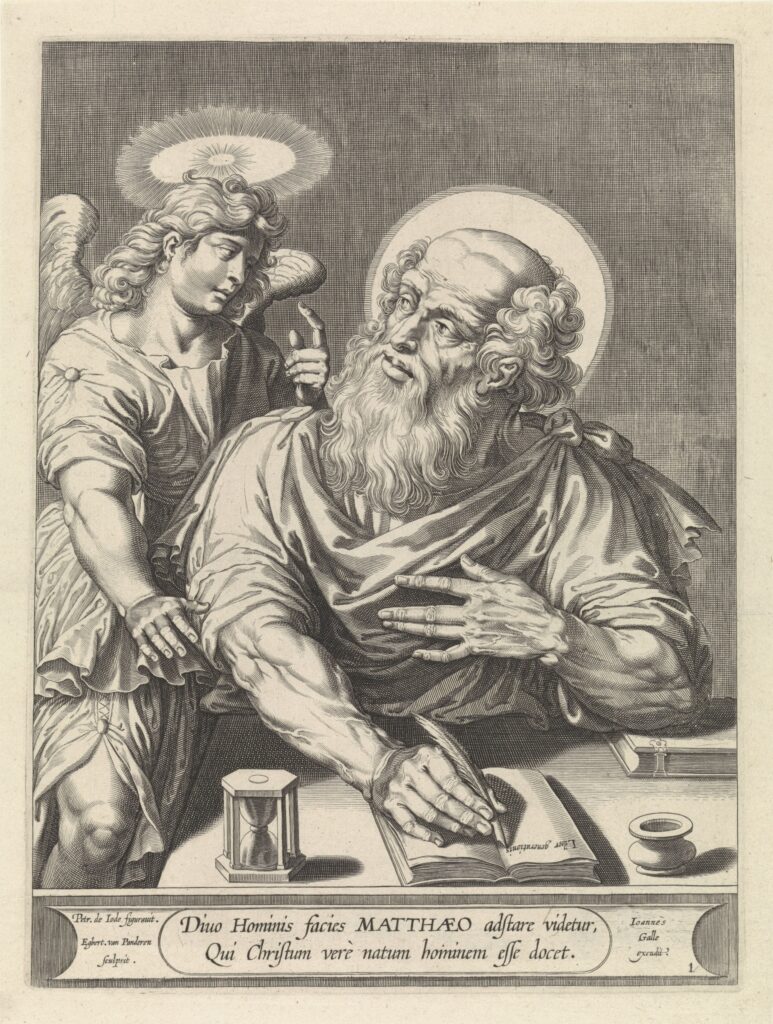 Evangelist Matteüs, Egbert van Panderen, after Pieter de Jode (I), c. 1590 - 1637(RP-P-1886-A-11261)Courtesy Rijksmuseum