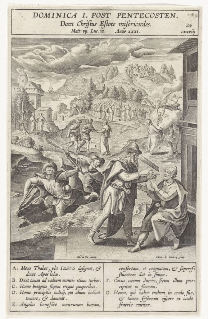 Gelijkenis van de splinter en de balk én gelijkenis van de blinde die de blinde leidt, Wierix (rejected attribution), after Maerten de Vos, 1593(RP-P-OB-67.154)Courtesy Rijksmuseum