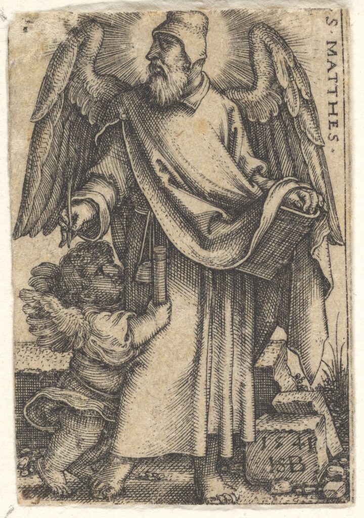 Plate 1_ Saint Matthew with his head turned in profile to the left, a cherub at bottom left, from 'The four evangelists', 1541, Sebald Beham German(DP828548)Courtesy THE MET