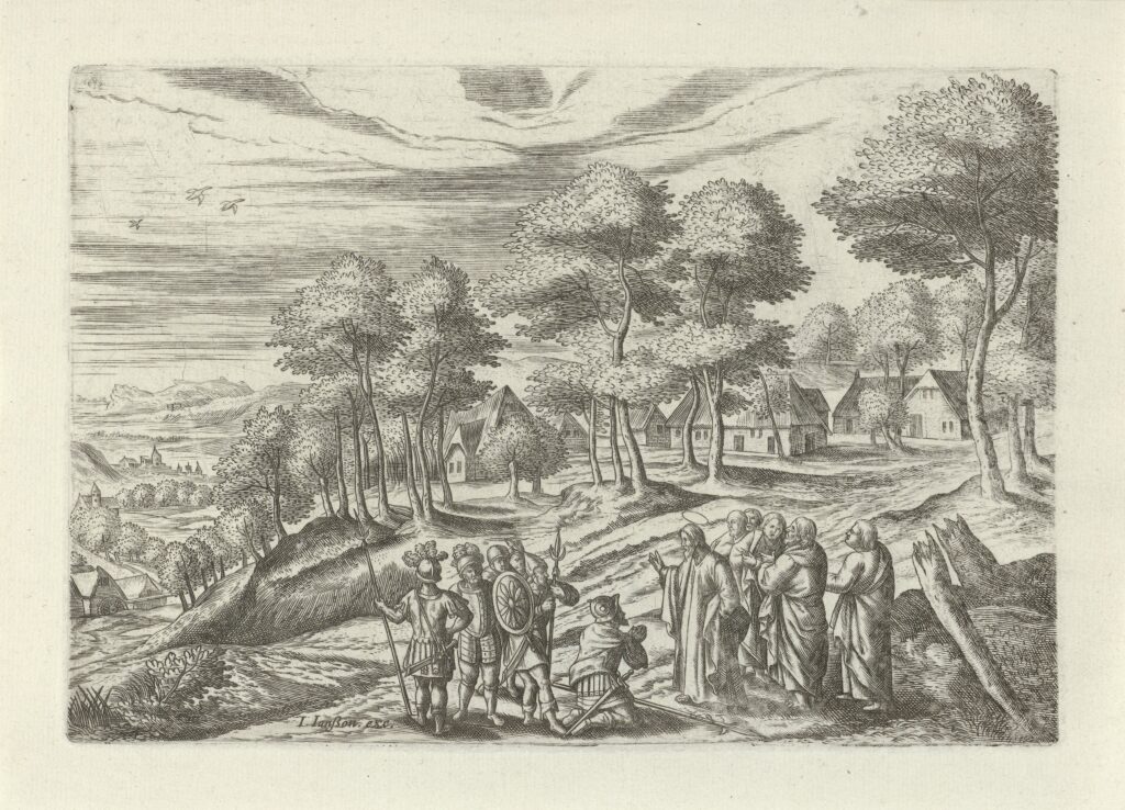 Landschap met Christus en de hoofdman van Kafarnaüm, Julius Goltzius, after Hans Bol, c. 1560 - 1595(RP-P-1885-A-9613)Courtesy Rijksmuseum