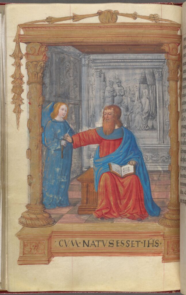 Full-page miniature of St. Matthew with his angel. Lower border reads 'Cum natus esset Ihesus', fol. 18v(427202)Courtesy New York Public Library