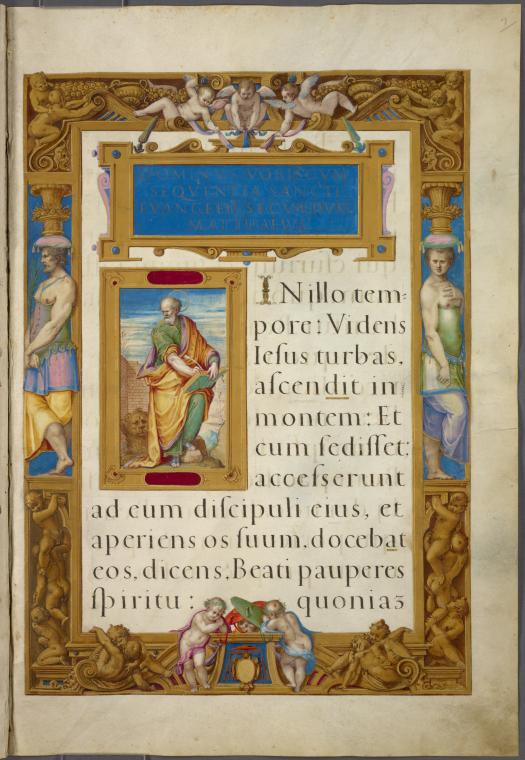 Title and opening of Gospel of Matthew. Miniature of Matthew. Elaborate full border with human figures.Clovio, Giulio, 1498-1578 (Illuminator)(1610037)Courtesy New York Public Library