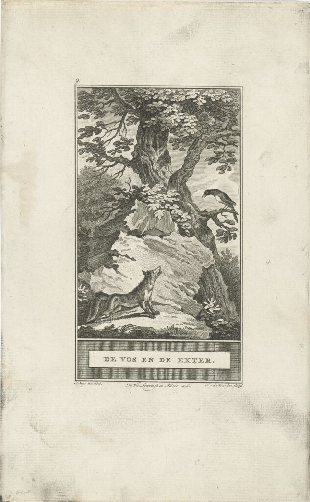 Vos en ekster, Noach van der Meer (II), after Jacobus Buys, 1777 - 1778(RP-P-1907-4646)Courtesy Rijksmuseum